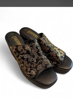 Coasters Black & Gold Brocade Slide Mules